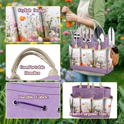 Gardening Tool Set with Tote Bag Heavy-Duty Garden Tools Gardening Gift - color: Purple