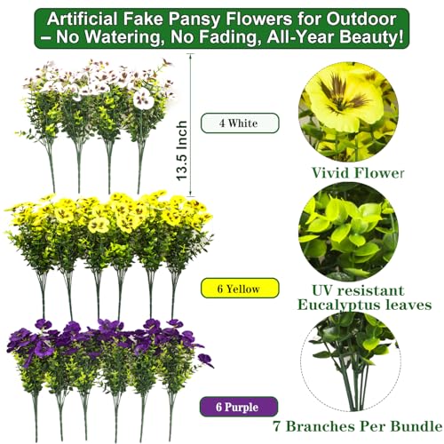 16Pcs Artificial Pansy Flowers for Outdoors, UV Resistant Fake Faux Silk Pansies for Outside,Spring Flowers for Hanging Basket Planter Window Box Porch Patio Yard Decor(Mixed Purple Yellow White) - color: Mix1(yellow,purple,white )