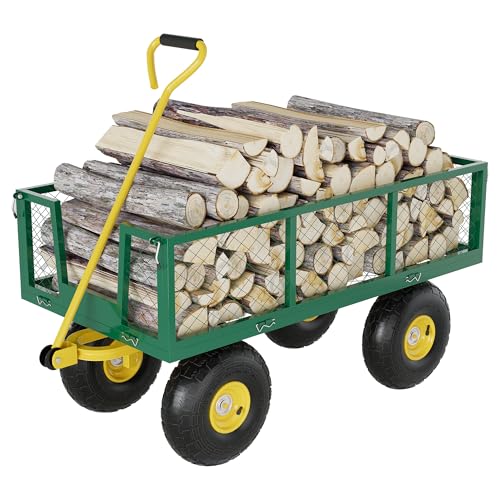 Heavy Duty Steel Garden Cart, 900 Lbs Capacity Utility Wagon with Removable Mesh Sides, 10" Pneumatic All-Terrain Tires & 180° Swivel Handle, Folding Flatbed Yard Cart for Garden, Lawn, Farm, Camping - color: Green Yellow, size: 900 lbs