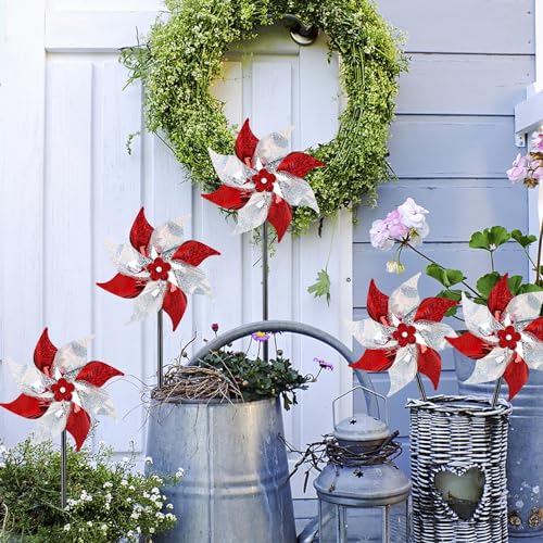 Hausse 10 Pack Reflective Pinwheels (Assembly Required), Sparkly Wind Sculptures for Garden Christmas Holiday Winter Decor, Deterrent to Scare Birds Away from Yard Patio Farm, Red & Silver - color: Red & Silver