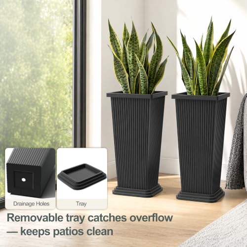 24" Set of 2 Tall Planters for Outdoor Plants, Black Striped - color: Stripe Black