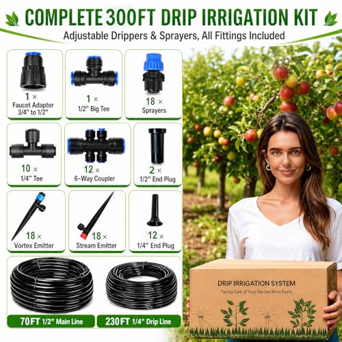 300FT Drip Irrigation System Kit, Quick Push-to-Connect Auto Garden Watering Irrigation System with 70FT 1/2'' & 230FT 1/4'' Tubing, Adjustable Dripper Sprayers for Raised Bed, Lawn, Greenhouse - size: 300FT