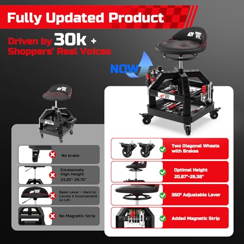 Rolling Shop Stool for Garage with Casters, DO02-Adjustable Height 360° Swivel Shop Seat with Tool Tray Storage, 330 LBS Capacity Padded Mechanic Stool, Magnetic Tool Hold, Heavy Duty, Black - color: Black With Magnetic Tool Hold