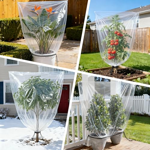 2 Pcs Winter Plant Covers Freeze Protection with Drawstring, 31.5"x39.4" Clear Plastic Film Shelter Bags, Waterproof Plant Frost Protection Covers for Outdoor Garden Shrubs Crops - size: 31.5"x39.4"