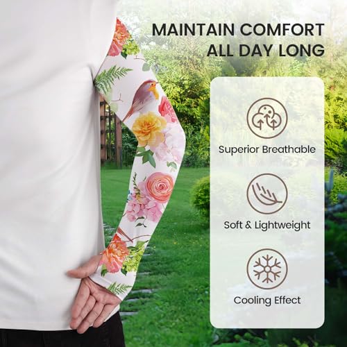 YPHCDO Gardening Sleeves for Women Sun Protection Cooling Arm Sleeves - color: Pink Rose and Bird