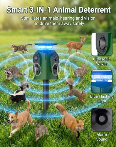 360° Solar Deer Repellent Devices, Motion Activated Cat Repellent Outdoor with LED Lights, Waterproof Ultrasonic Animal Repeller, Repel Coyote, Raccoon & Skunk Out of Yard