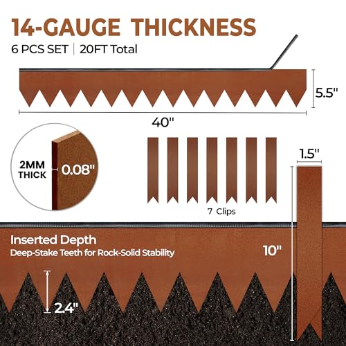 Worth Garden 6-Pack Cor-Ten Steel Landscape Edging with Black Protection Strips - Rust Patina Finish 40" L x 5.5" H (20Ft Total) - Hammer-in 14-Gauge Metal Corten Lawn Yard Edging Border w/ 7 Clips - color: With Edge Trim