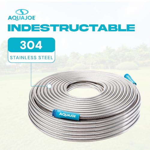 Aqua Joe 50-Foot Heavy Duty Garden Hose, Spiral 304 Stainless Steel Metal Hose, Puncture Proof, 1/2 Inch Diameter with Aluminum Fittings, AJSGH50