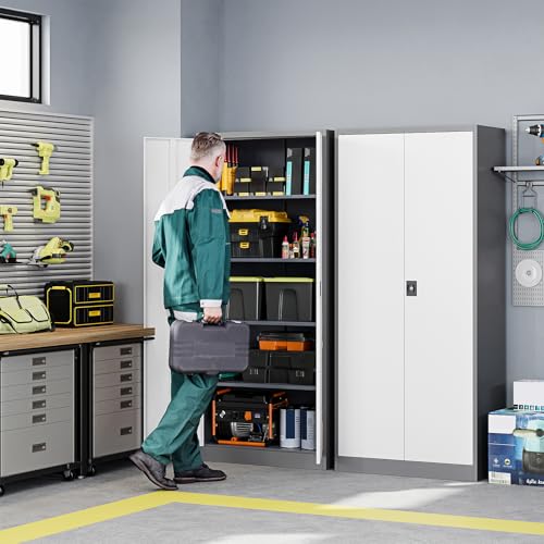 Letaya Metal Garage Storage Cabinets with Lock Door and Adjustable Shelves, Steel Tool Cabinets for Home,Office,Warehouse Organisieren (Gery White, 71" H) - color: Grey White, size: 16"D x 32"W x 71"H