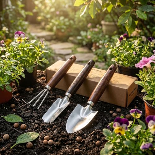 Toddler Gardening Set with Small Shovel, Trowel and Rake - color: Walnut wood handle