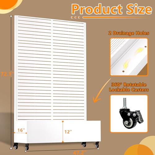 MTART Metal Planter Box with Trellis Outdoor, 72"x47"x16" Galvanized Raised Garden Bed with Privacy Screen & Drainage Holes & Lockable Casters for Climbing Plants, Vegetable, Vines (Louvered-White) - color: Louvered-white
