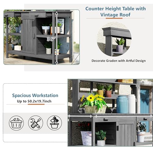 Merax 66" Large Outdoor Farmhouse Wooden Potting Bench Table, Garden Workstation with 2 Drawers, Cabinet, and Open Shelves for Backyard, Mudroom, Grey - color: Gray, size: 53.74 inch Length