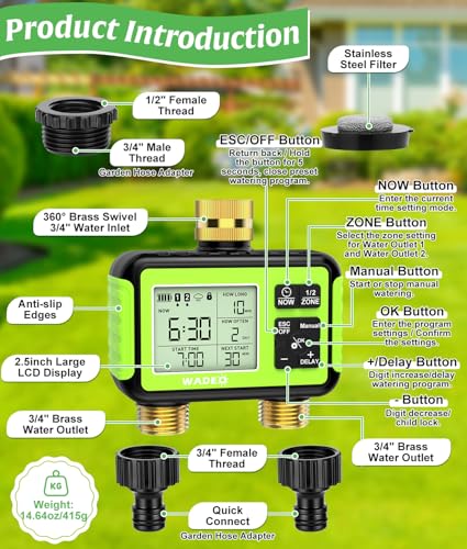 Brass 2 Zone Water Hose Timer, Waterproof Programmable Sprinkler Timer