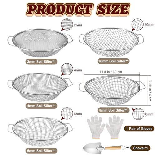 5PCS Soil Sifter 2,4,6,8,10mm Rock Sifting Screen with Handle Shovel Gloves - size: 5PCS(1/9in,1/6in,1/4in,1/3in,3/8in)