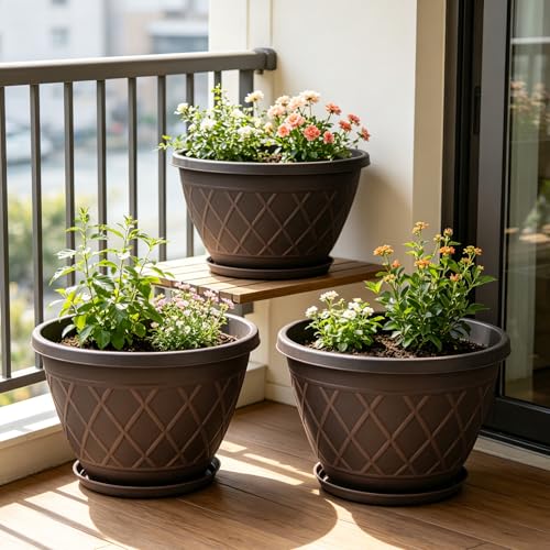 6 Pack 8 Inch Plant Pots, Planters with Drainage Holes & Saucers - color: Plaid Pattern-brown, size: 8 Inch - 6Pack