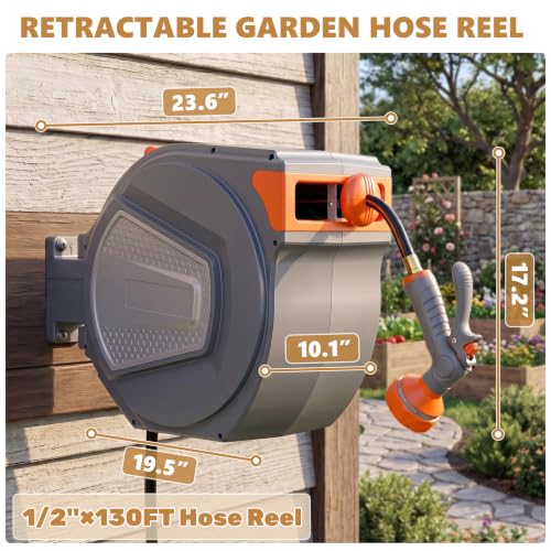 Retractable Garden Hose Reel, 130FT Wall Mounted Auto Rewind Water Hose Reel with 180° Swivel Bracket, Any Length Lock, Kink-Free Hose Guide, Multi-Pattern Spray Nozzle for Yard, Lawn & Outdoor - size: 130 FT