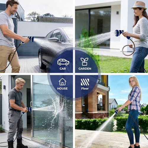 HugeDawn Garden Hose Nozzle with 7 Spray Patterns, Heavy Duty Metal Sprayer 30% Greater Water Flow for Watering, Car Wash, Outdoor Cleaning (Blue) - color: Blue