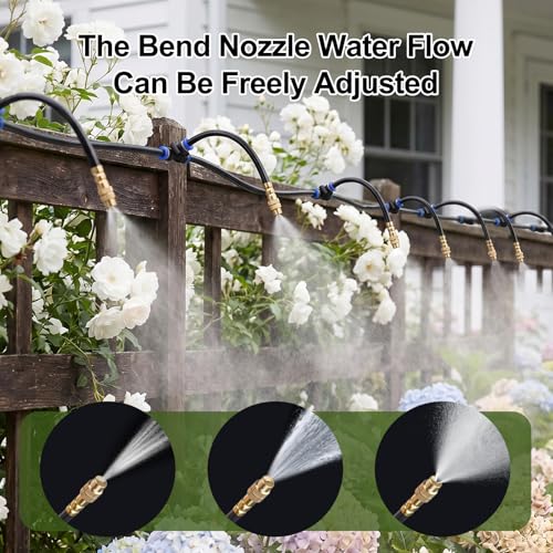 100FT Drip Irrigation System Kit, 1/4 Inch Garden Watering System with 16 Adjustable Brass Nozzles, Automatic Misting Watering Kit for Raised Beds, Greenhouse, Lawn, Patio, Yard