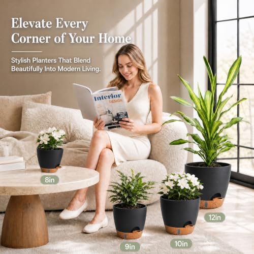 Self Watering Pots 12/10/8/9 Inch Large Indoor Outdoor Black Planters - color: Black