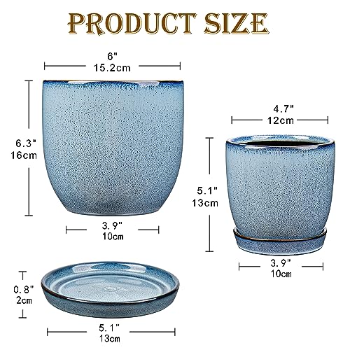 GnFlus Ceramic Plant Pots 6 Inch + 5 Inch Set of 2, Flower Plants Pot with Drainage Holes and Saucers Tray Blue Planter Garden Pot for Succulent Cactus Home Decoration Gift Indoor Outdoor - color: Blue#1