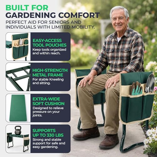 Garden Kneeler and Seat, Foldable Stool for Seniors with 2 Tool Pouches
