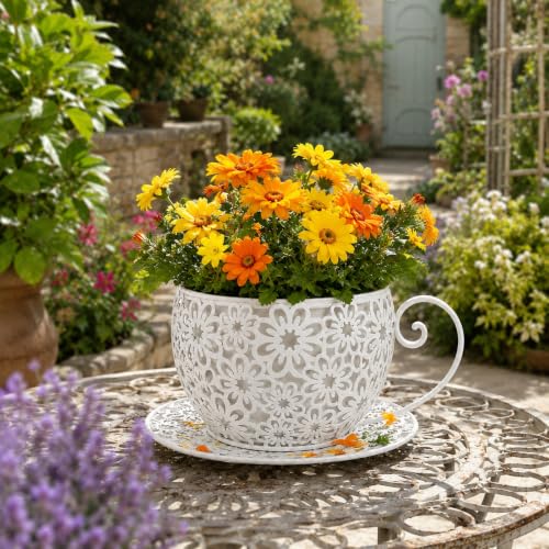 White Iron Teacup Planter, Vintage Coffee Cup Flower Pot with Floral Cutout Design, Suitable for Indoor Outdoor Decoration, Ideal for Succulents Flowers, Balcony Garden Decor - color: White