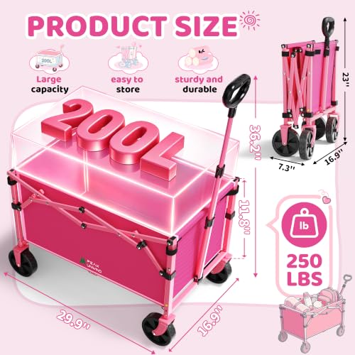 220 lbs Foldable Wagon Cart with Wheels, Heavy Duty Collapsible Utility Wagon, Lightweight Portable Cart for Grocery Shopping, Garden, Camping and Sports (Pink) - color: Pink