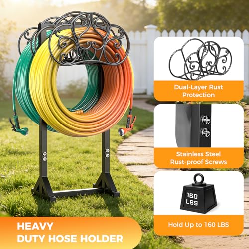 Garden Hose Holder Holds 2 * 160Ft Hoses, Heavy-Duty Freestanding Water Hose Holder with 4 Spikes, Rustproof Hose Stand Hose Hanger Storage Hose Rack for Outside, Yard, Lawn, Farm - color: Black-double Sided, size: Floral