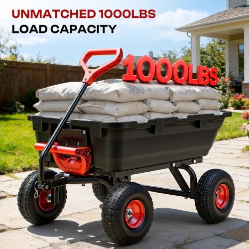 Autodaya Garden Dump Cart Wagon 1000 Lbs, Heavy Duty Yard Wheelbarrow - color: 1000 Lbs|black&red