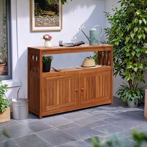 Flamaker Acacia Wood Outdoor Storage Cabinet,Waterproof Potting Table,Brown - color: Brown