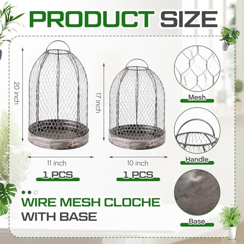 Briwooody 2 Pack Rustic French Wire Mesh Cloche with Base 17'' 20'' Garden Cloches for Plants Large Plant Protection Guards Cover Keep Small Animals Out