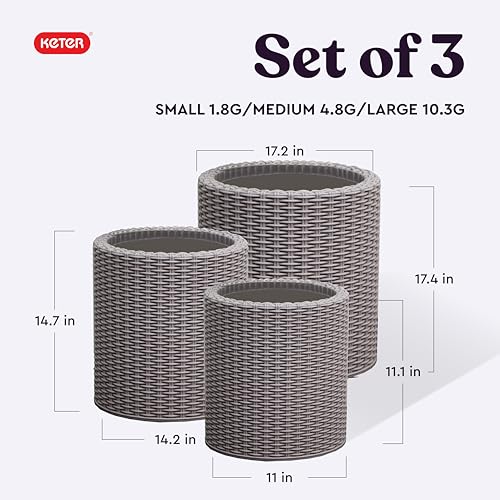 Keter Cylinder Set of 3 Rattan Resin Planter for Indoor and Outdoor Plants Ideal Decorative Planter for Porches and Patio Decor, Taupe - color: Taupe