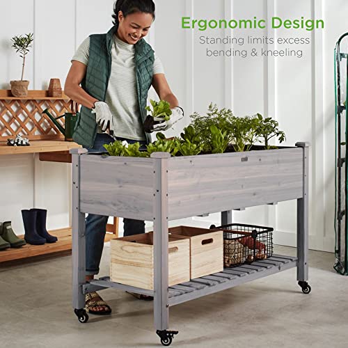 Best Choice Products Raised Garden Bed 48x24x32-inch Mobile Elevated Wood Planter w/Lockable Wheels, Storage Shelf, Protective Liner - Gray - color: Gray