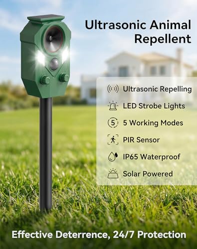 2 Pack Solar Ultrasonic Animal Repellent Outdoor, Motion Activated Deer Repellent Devices with Flashing Lights, Waterproof Cat Repellent Outdoor, Repels Raccoon, Coyote for Garden & Lawn