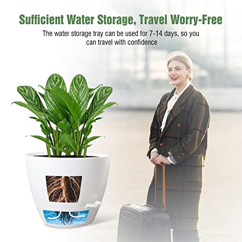WOUSIWER 10 inch Self Watering Planters, 2 Pack Large Plastic Plant Pots with Deep Reservior and High Drainage Holes for Indoor Outdoor Plants and Flowers, White - color: White