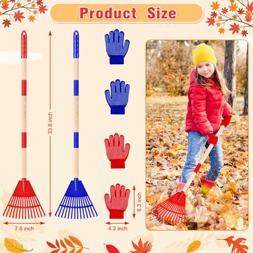 2 Pcs 35'' Kids Rakes for Leaves - Plastic Rake Head with 2 Pairs Kids - color: Red & Blue-2 Pack