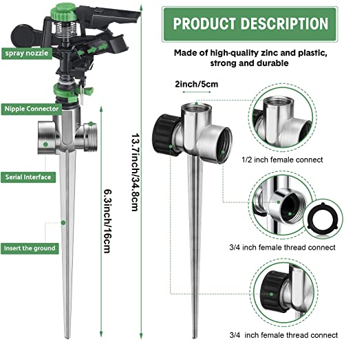 6 Pieces Pulsating Sprinklers with Metal Spike, Adjustable Rotating Impact Sprinkler Large Area Coverage Sprinklers for Yard Lawn Garden Above Ground Sprinkler System (Black and Green)