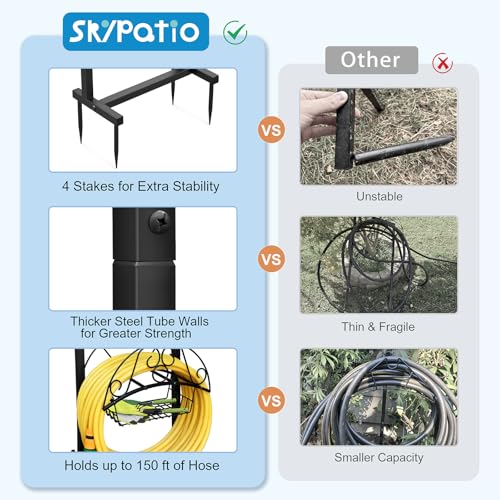 Skypatio Garden Hose Holder with Basket, Metal Water Hose Holder Holds 150ft Hose, Freestanding Hose Storage Stand with 4 Stakes, Rust-Resistant Heavy Duty Hose Hanger for Outside