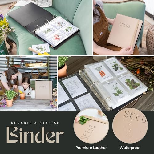 Seed Storage Binder – Garden Seed Organizer with 50 Sheet Protectors, 5 Dividers & Flap-Top Inserts - Stores 200 Seed Packets - Seed Saver Binder for Gardeners