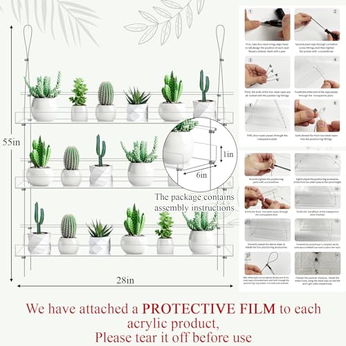 Ziliny 2 Pcs 28 Inch 3-tier Clear Hanging Window Plant Shelves Acrylic Height Adjustable Plant Stand Hanger Flower Pot Organizer Storage for Indoor Window Wall Garden Grow Herb Succulent