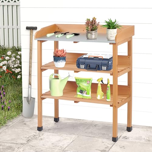 Outdoor Wooden Potting Bench Table, Garden Wood Workstation Planting Table with Metal Top, Storage Shelf, and 3 Hooks for Gardening, Light Brown - color: Light Brown