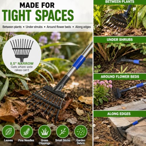 Garden Leaf Rake, 8.5" Head, 36-74 " Adjustable Handle, Sturdy Steel Tines - color: silver, size: 11tine