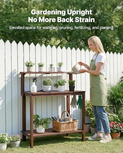 VEVOR Potting Bench Table, Outdoor Gardening Workstation with 36 x 20 in Wood Tabletop, Garden Planting Work Station with Storage Shelves, Hook for Outside Patio, Backyard, Brown - color: Dark Brown 3-layer, size: 36x20x43inch