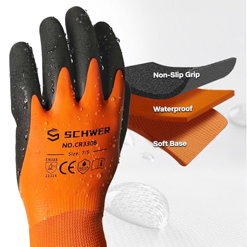 Schwer 2 Pairs Waterproof Work Gloves Double Latex Coated, CR3306, XL - color: Waterproof Orange, size: X-Large