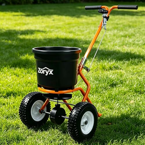 ZORYX 50LB Walk-Behind Broadcast Spreader, Heavy Duty Push Spreader for Fertilizer, Seed, Salt, Ice Melt, 13" Pneumatic Tires, Adjustable Flow, Anti-Clog Hopper w/Rain Cover