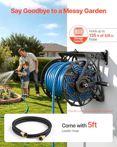 VEVOR Wall Mounted Garden Hose Reel, Holds 135 Feet of 5/8-inch Hose, Outdoor Heavy-Duty Waterhose Holder Winder, with Widened Top Tray, Aluminum Alloy Connector, Decorative Pattern, for Backyards - color: Black, size: 135ft, 5/8-inch, Wall Mounted