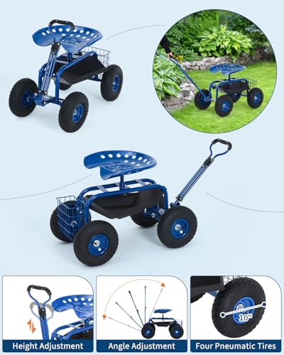Garvee Heavy Duty Garden Workseat, Garden Scooter Rolling Seat 360° Swivel - color: Blue