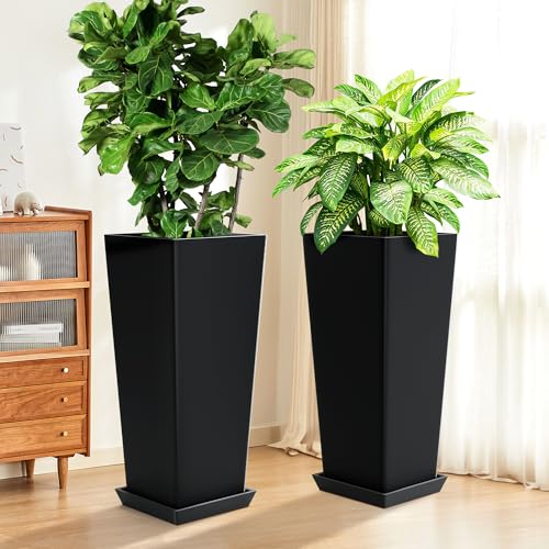 TUYOHW 24-Inch Tall Planters for Outdoor Plants, Set of 2, Black - color: Square Classic Black