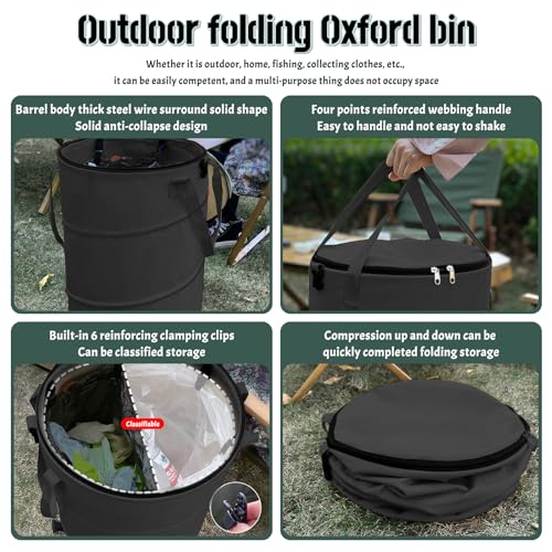 Pop up Camping Trash can with lid,Collapsible 24 Gallons Trash can with Sorting Clips,Garden Garbage Bag with Lid,Lawn and Leaf Bags - Reusable Yard Waste Bags (Black) - color: Black