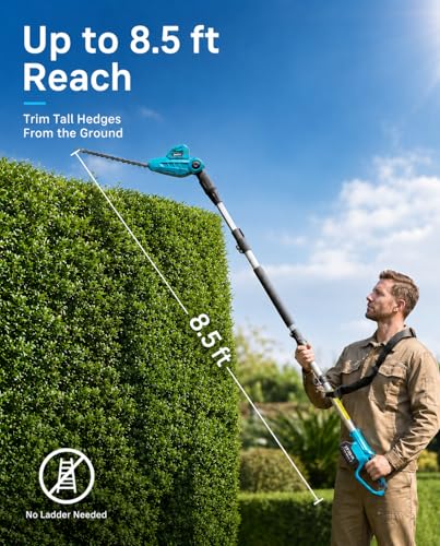 SEESII 20V Pole Hedge Trimmer Cordless, 8.5 FT Reach, Dual 4.0Ah Batteries - color: Sky Blue